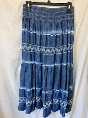 Indigo & Lace Blue Denim Midi Skirt Smocked Elastic Waist Tiered Small